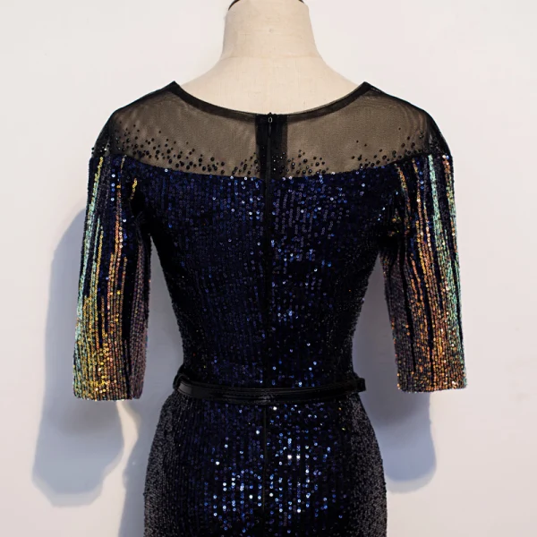 Sparkly Royal Blue Gradient-Color Gold Sequins Evening Dresses 2020 Trumpet / Mermaid See-through Scoop Neck 1/2 Sleeves Rhinestone Sash Floor-Length / Long Formal Dresses