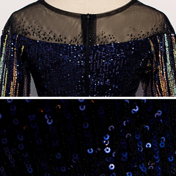 Sparkly Royal Blue Gradient-Color Gold Sequins Evening Dresses 2020 Trumpet / Mermaid See-through Scoop Neck 1/2 Sleeves Rhinestone Sash Floor-Length / Long Formal Dresses