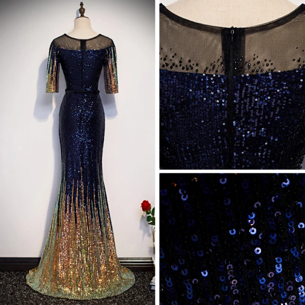 Sparkly Royal Blue Gradient-Color Gold Sequins Evening Dresses 2020 Trumpet / Mermaid See-through Scoop Neck 1/2 Sleeves Rhinestone Sash Floor-Length / Long Formal Dresses