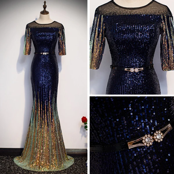 Sparkly Royal Blue Gradient-Color Gold Sequins Evening Dresses 2020 Trumpet / Mermaid See-through Scoop Neck 1/2 Sleeves Rhinestone Sash Floor-Length / Long Formal Dresses