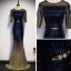 Sparkly Royal Blue Gradient-Color Gold Sequins Evening Dresses  2020 Trumpet / Mermaid See-through Scoop Neck 1/2 Sleeves Rhinestone Sash Floor-Length / Long Formal Dresses