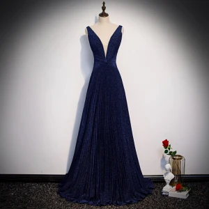 Elegant Mørk Marineblå Selskapskjoler 2020 Prinsesse Dyp V Hals Uten Ermer Glitter Polyester Feie Tog Ryggløse Formelle Kjoler