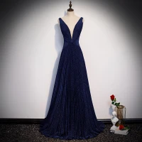 Elegant Navy Blue Evening Dresses  2020 A-Line / Princess Deep V-Neck Sleeveless Glitter Polyester Sweep Train Backless Formal Dresses
