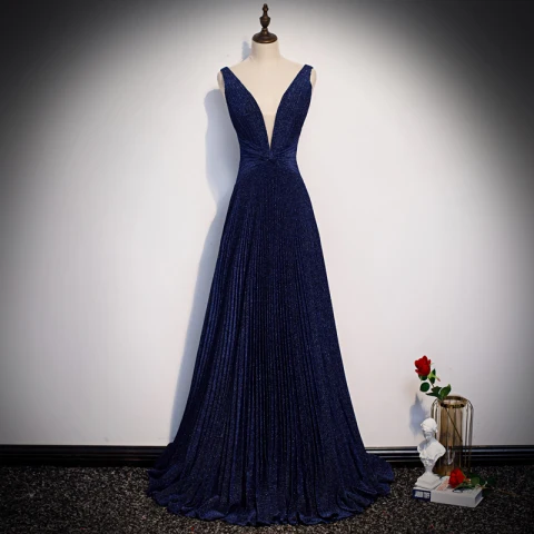 Elegant Navy Blue Evening Dresses  2020 A-Line / Princess Deep V-Neck Sleeveless Glitter Polyester Sweep Train Backless Formal Dresses