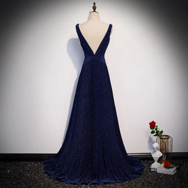 Elegante Marineblau Abendkleider 2020 A Linie Tiefer V-Ausschnitt Ärmellos Glanz Polyester Sweep / Pinsel Zug Rückenfreies Festliche Kleider
