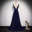 Elegante Marineblau Abendkleider 2020 A Linie Tiefer V-Ausschnitt Ärmellos Glanz Polyester Sweep / Pinsel Zug Rückenfreies Festliche Kleider