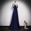 Elegante Marineblau Abendkleider 2020 A Linie Tiefer V-Ausschnitt Ärmellos Glanz Polyester Sweep / Pinsel Zug Rückenfreies Festliche Kleider
