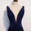 Elegante Marineblau Abendkleider 2020 A Linie Tiefer V-Ausschnitt Ärmellos Glanz Polyester Sweep / Pinsel Zug Rückenfreies Festliche Kleider