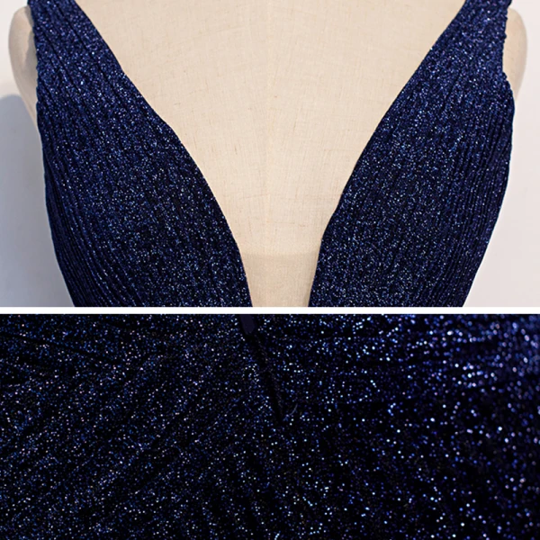 Elegante Marineblau Abendkleider 2020 A Linie Tiefer V-Ausschnitt Ärmellos Glanz Polyester Sweep / Pinsel Zug Rückenfreies Festliche Kleider
