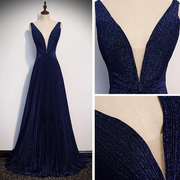 Elegante Marineblau Abendkleider 2020 A Linie Tiefer V-Ausschnitt Ärmellos Glanz Polyester Sweep / Pinsel Zug Rückenfreies Festliche Kleider