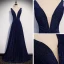Elegante Marineblau Abendkleider 2020 A Linie Tiefer V-Ausschnitt Ärmellos Glanz Polyester Sweep / Pinsel Zug Rückenfreies Festliche Kleider