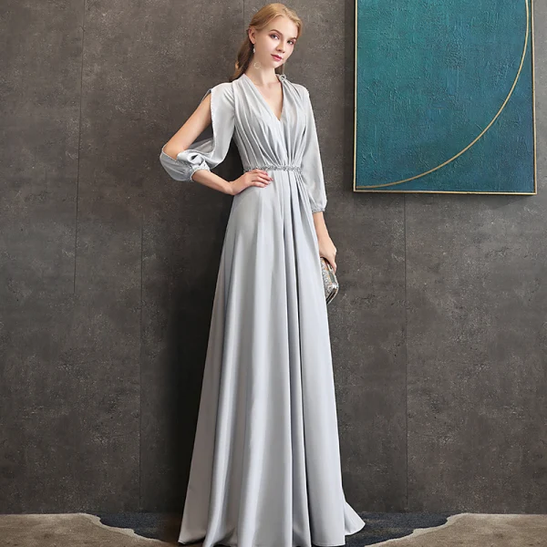 Elegant Grey Chiffon Evening Dresses 2020 A-Line / Princess V-Neck Puffy 3/4 Sleeve Beading Elegant Grey Chiffon Evening Dresses 2020 A-Line / Princess V-Neck Puffy 3/4 Sleeve Beading