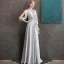 Elegante Grau Chiffon Abendkleider 2020 A Linie V-Ausschnitt Geschwollenes 3/4 Ärmel Perlenstickerei Stoffgürtel Lange Rüschen Rückenfreies Festliche Kleider