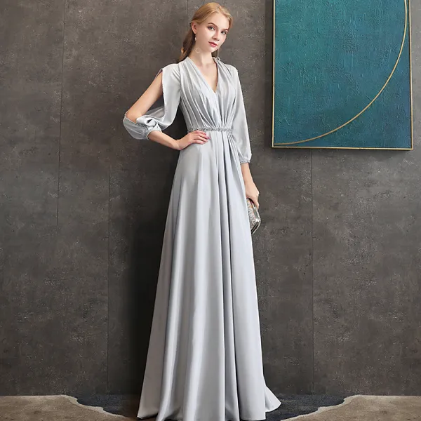 Elegant Grey Chiffon Evening Dresses  2020 A-Line / Princess V-Neck Puffy 3/4 Sleeve Beading Sash Floor-Length / Long Ruffle Backless Formal Dresses