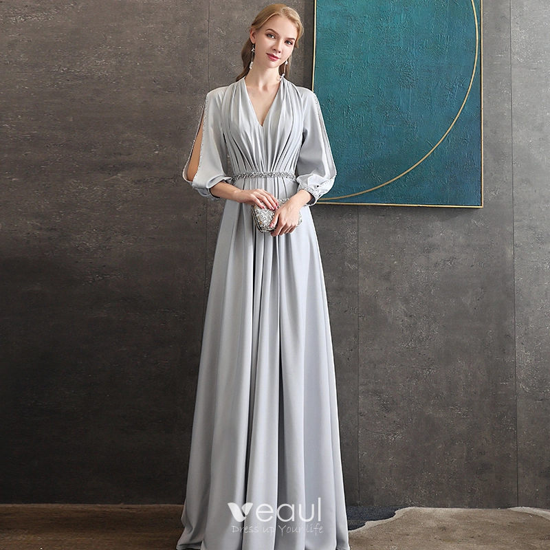 Silver Grey Chiffon Evening Dress