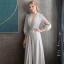 Elegante Grau Chiffon Abendkleider 2020 A Linie V-Ausschnitt Geschwollenes 3/4 Ärmel Perlenstickerei Stoffgürtel Lange Rüschen Rückenfreies Festliche Kleider