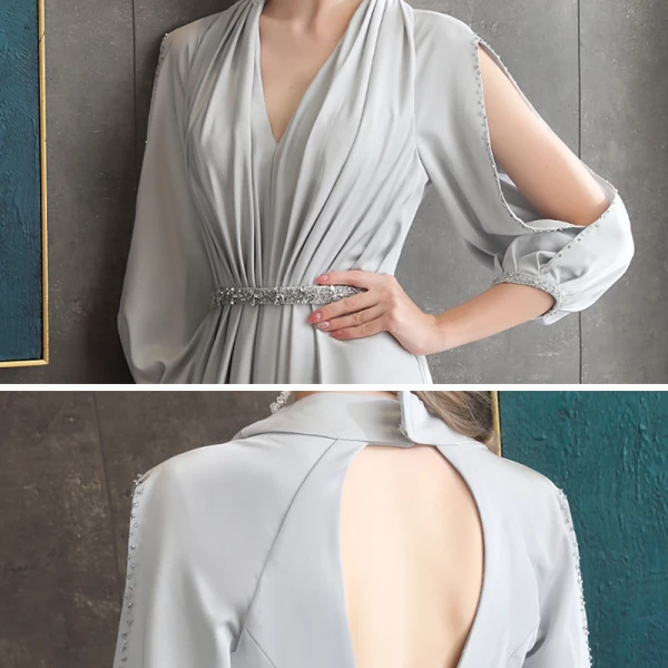 Elegante Grau Chiffon Abendkleider 2020 A Linie V-Ausschnitt Geschwollenes 3/4 Ärmel Perlenstickerei Stoffgürtel Lange Rüschen Rückenfreies Festliche Kleider
