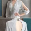 Elegante Grau Chiffon Abendkleider 2020 A Linie V-Ausschnitt Geschwollenes 3/4 Ärmel Perlenstickerei Stoffgürtel Lange Rüschen Rückenfreies Festliche Kleider