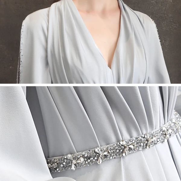 Elegante Grau Chiffon Abendkleider 2020 A Linie V-Ausschnitt Geschwollenes 3/4 Ärmel Perlenstickerei Stoffgürtel Lange Rüschen Rückenfreies Festliche Kleider