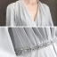 Elegante Grau Chiffon Abendkleider 2020 A Linie V-Ausschnitt Geschwollenes 3/4 Ärmel Perlenstickerei Stoffgürtel Lange Rüschen Rückenfreies Festliche Kleider