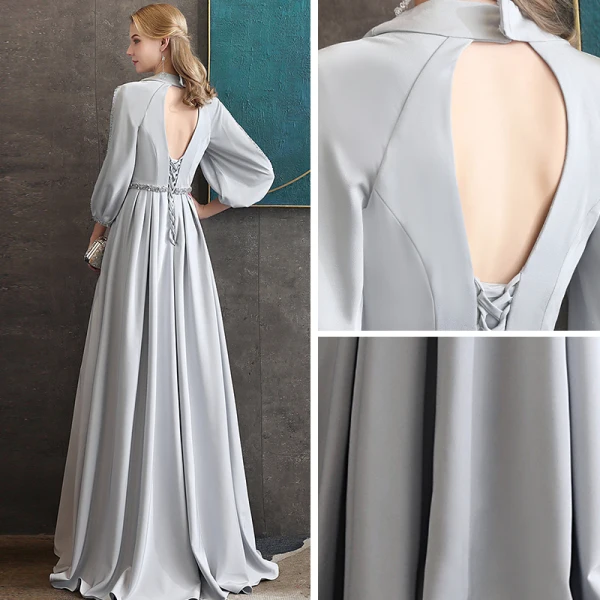 Elegante Grau Chiffon Abendkleider 2020 A Linie V-Ausschnitt Geschwollenes 3/4 Ärmel Perlenstickerei Stoffgürtel Lange Rüschen Rückenfreies Festliche Kleider