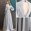 Elegante Grau Chiffon Abendkleider 2020 A Linie V-Ausschnitt Geschwollenes 3/4 Ärmel Perlenstickerei Stoffgürtel Lange Rüschen Rückenfreies Festliche Kleider