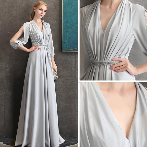 Elegante Grau Chiffon Abendkleider 2020 A Linie V-Ausschnitt Geschwollenes 3/4 Ärmel Perlenstickerei Stoffgürtel Lange Rüschen Rückenfreies Festliche Kleider