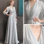 Elegante Grau Chiffon Abendkleider 2020 A Linie V-Ausschnitt Geschwollenes 3/4 Ärmel Perlenstickerei Stoffgürtel Lange Rüschen Rückenfreies Festliche Kleider