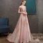 Haut de Gamme Perle Rose Robe De Soirée 2020 Princesse De l'épaule Manches Courtes Appliques En Dentelle Perlage Train De Balayage Volants Dos Nu Robe De Ceremonie