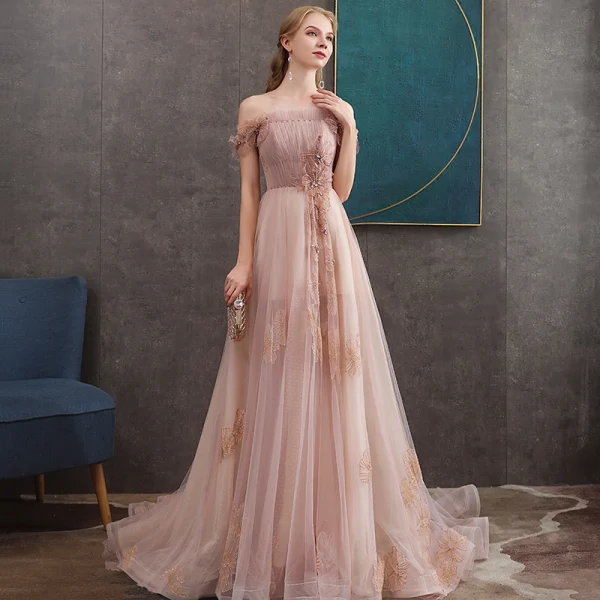 Haut de Gamme Perle Rose Robe De Soirée 2020 Princesse De l'épaule Manches Courtes Appliques En Dentelle Perlage Train De Balayage Volants Dos Nu Robe De Ceremonie