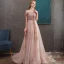 Haut de Gamme Perle Rose Robe De Soirée 2020 Princesse De l'épaule Manches Courtes Appliques En Dentelle Perlage Train De Balayage Volants Dos Nu Robe De Ceremonie