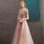 Haut de Gamme Perle Rose Robe De Soirée 2020 Princesse De l'épaule Manches Courtes Appliques En Dentelle Perlage Train De Balayage Volants Dos Nu Robe De Ceremonie