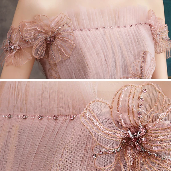 Haut de Gamme Perle Rose Robe De Soirée 2020 Princesse De l'épaule Manches Courtes Appliques En Dentelle Perlage Train De Balayage Volants Dos Nu Robe De Ceremonie