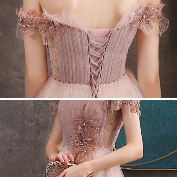 Haut de Gamme Perle Rose Robe De Soirée 2020 Princesse De l'épaule Manches Courtes Appliques En Dentelle Perlage Train De Balayage Volants Dos Nu Robe De Ceremonie