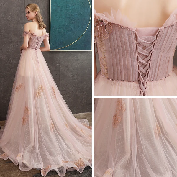 Haut de Gamme Perle Rose Robe De Soirée 2020 Princesse De l'épaule Manches Courtes Appliques En Dentelle Perlage Train De Balayage Volants Dos Nu Robe De Ceremonie