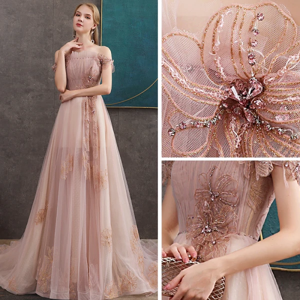 Haut de Gamme Perle Rose Robe De Soirée 2020 Princesse De l'épaule Manches Courtes Appliques En Dentelle Perlage Train De Balayage Volants Dos Nu Robe De Ceremonie