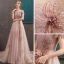 Haut de Gamme Perle Rose Robe De Soirée 2020 Princesse De l'épaule Manches Courtes Appliques En Dentelle Perlage Train De Balayage Volants Dos Nu Robe De Ceremonie