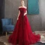 Eleganckie Burgund Sukienki Wieczorowe 2020 Princessa Przy Ramieniu Kótkie Rękawy Aplikacje Z Koronki Frezowanie Trenem Sweep Wzburzyć Bez Pleców Sukienki Wizytowe