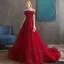 Eleganckie Burgund Sukienki Wieczorowe 2020 Princessa Przy Ramieniu Kótkie Rękawy Aplikacje Z Koronki Frezowanie Trenem Sweep Wzburzyć Bez Pleców Sukienki Wizytowe