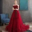 Eleganckie Burgund Sukienki Wieczorowe 2020 Princessa Przy Ramieniu Kótkie Rękawy Aplikacje Z Koronki Frezowanie Trenem Sweep Wzburzyć Bez Pleców Sukienki Wizytowe