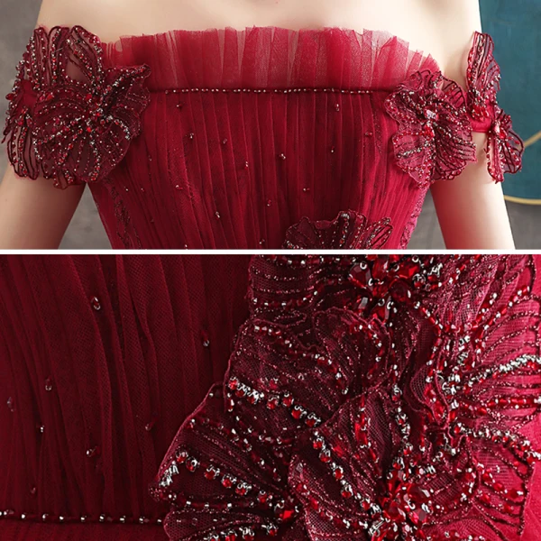 Eleganckie Burgund Sukienki Wieczorowe 2020 Princessa Przy Ramieniu Kótkie Rękawy Aplikacje Z Koronki Frezowanie Trenem Sweep Wzburzyć Bez Pleców Sukienki Wizytowe