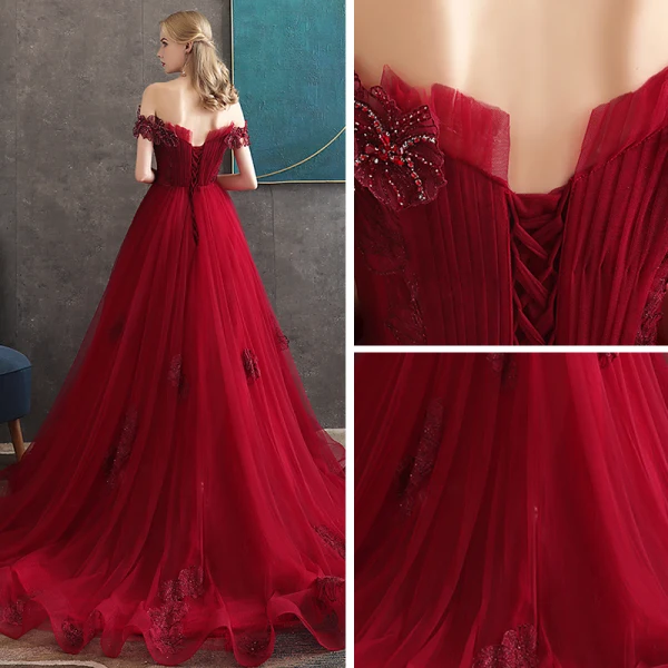 Eleganckie Burgund Sukienki Wieczorowe 2020 Princessa Przy Ramieniu Kótkie Rękawy Aplikacje Z Koronki Frezowanie Trenem Sweep Wzburzyć Bez Pleców Sukienki Wizytowe