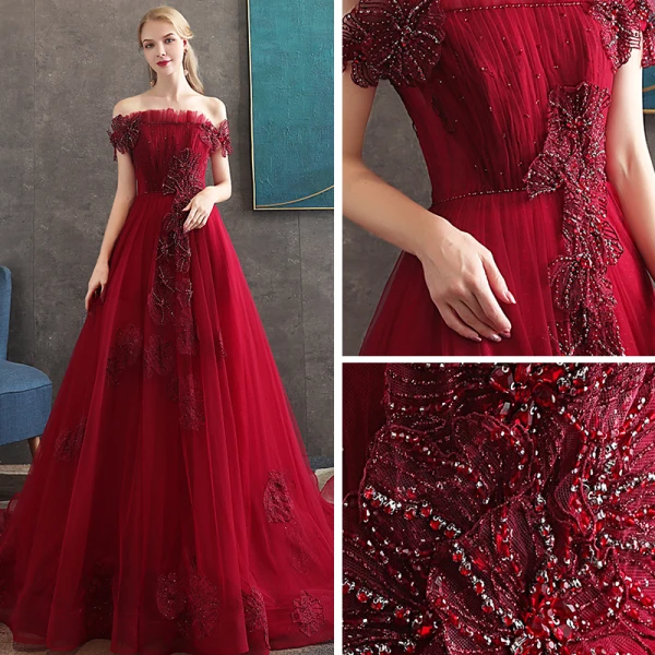 Eleganckie Burgund Sukienki Wieczorowe 2020 Princessa Przy Ramieniu Kótkie Rękawy Aplikacje Z Koronki Frezowanie Trenem Sweep Wzburzyć Bez Pleców Sukienki Wizytowe
