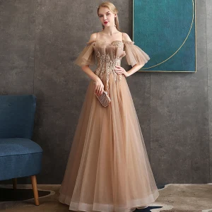 Chic Beautiful Gold Evening Dresses 2020 A Line Princess Beading Spaghetti Straps Short Sleeve Appliques Lace Floor Length Long Ruffle Backless Formal Dresses