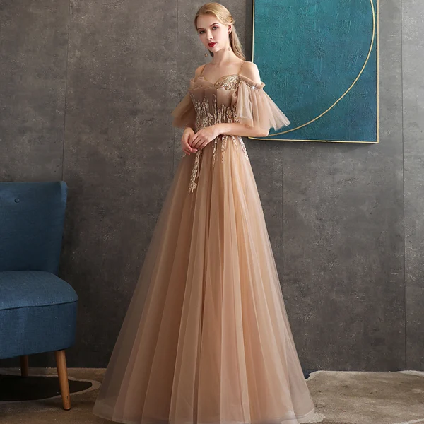 Chic / Belle Doré Robe De Soirée 2020 Princesse Perlage Bretelles Spaghetti Manches Courtes Appliques En Dentelle Longue Volants Dos Nu Robe De Ceremonie