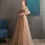Chic / Belle Doré Robe De Soirée 2020 Princesse Perlage Bretelles Spaghetti Manches Courtes Appliques En Dentelle Longue Volants Dos Nu Robe De Ceremonie