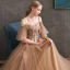Chic / Belle Doré Robe De Soirée 2020 Princesse Perlage Bretelles Spaghetti Manches Courtes Appliques En Dentelle Longue Volants Dos Nu Robe De Ceremonie