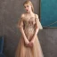 Chic / Belle Doré Robe De Soirée 2020 Princesse Perlage Bretelles Spaghetti Manches Courtes Appliques En Dentelle Longue Volants Dos Nu Robe De Ceremonie