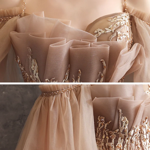 Chic / Belle Doré Robe De Soirée 2020 Princesse Perlage Bretelles Spaghetti Manches Courtes Appliques En Dentelle Longue Volants Dos Nu Robe De Ceremonie