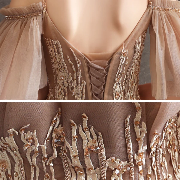 Chic / Belle Doré Robe De Soirée 2020 Princesse Perlage Bretelles Spaghetti Manches Courtes Appliques En Dentelle Longue Volants Dos Nu Robe De Ceremonie